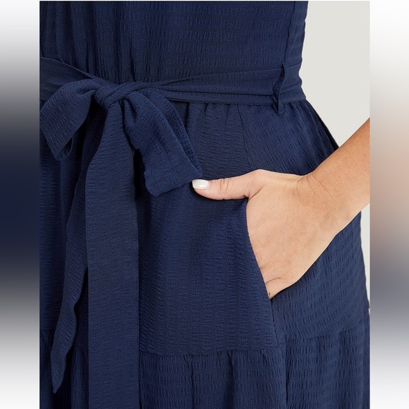 BloomChic Plus Size 4XL Solid Knot Halter Pocket Belted Ruffles Tiered Hem Dress - Picture 5 of 8